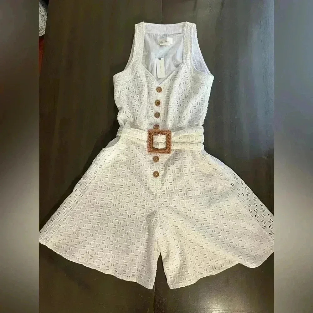 NWT Anthropologie Women’s Ivory Eyelet Lace Belted Romper - Size 4
